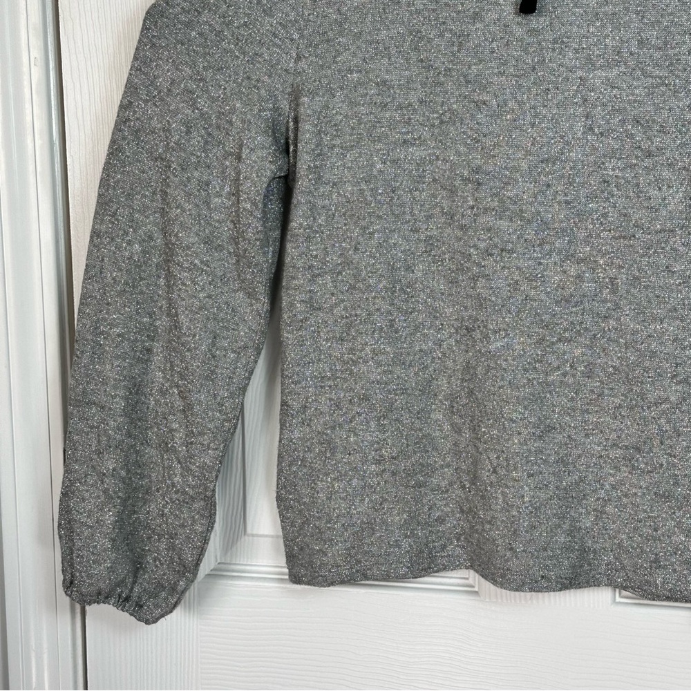 Talbots Gray Metallic Ruffle Neck Sweater L Long Sleeve Velvet Bow Back Holiday - Picture 7 of 12